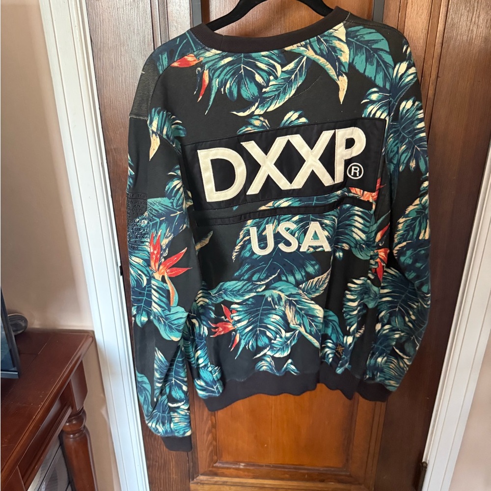 10.Deep Black Tropical Leaf Crewneck Sweater with Teal Accents - Picture 2 of 3
